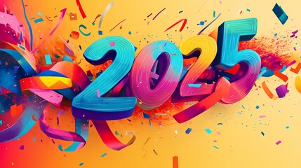 A vibrant and colorful design featuring the year “2025” with confetti elements, symbolizing celebration and anticipation for the future.