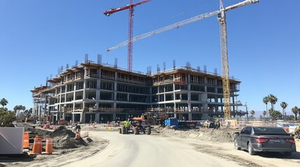 Fototapeta premium Tower cranes at a construction site, clear blue sky in the background, showcasing progress for a large-scale building