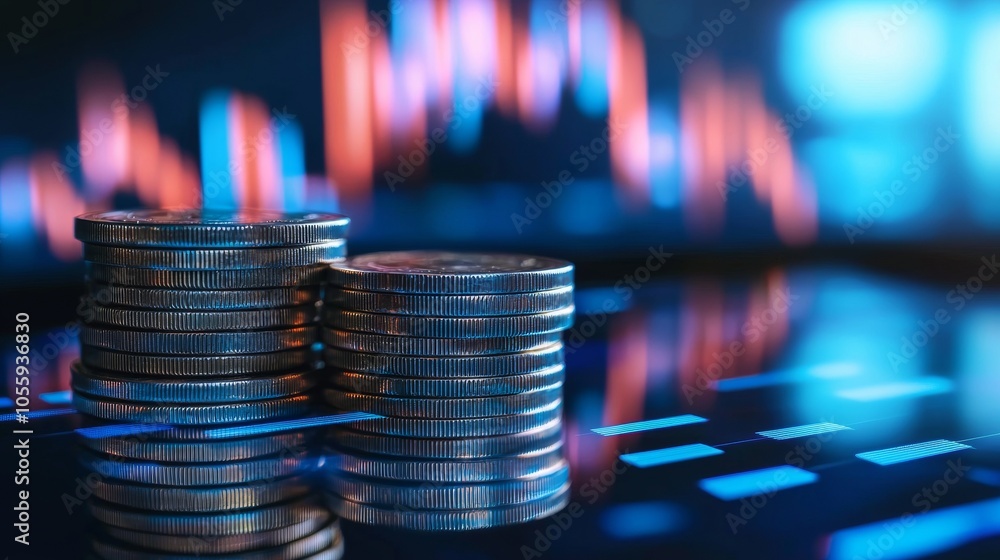Poster stack of coins with digital financial graph in background