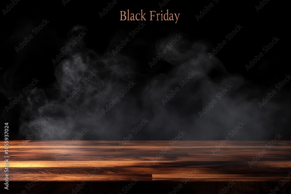 Aufkleber black background with smoke and wooden table in the foreground, 