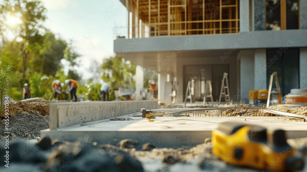 Poster view of modern architectural project with builders working, concrete foundation set, blueprints and 