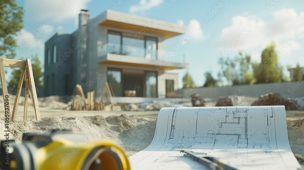 Poster View of modern architectural project with builders working, concrete foundation set, blueprints and tools in foreground