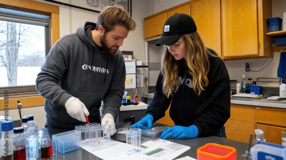 Poster Two people in a lab setting working with clear plastic containers and a red pipette.