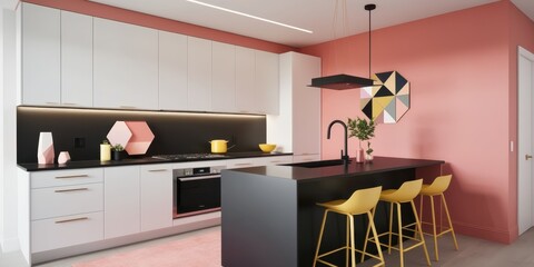 Modern kitchen interior, white and black cabinetry, pink accent wall, geometric artwork, pendant lighting, wooden bar stools, open concept design, minimalist aesthetic, high contrast, contemporary sty