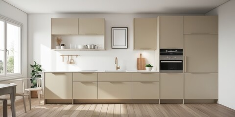 Modern minimalist kitchen, light wood cabinets, white subway tile backsplash, stainless steel appliances, large windows, natural light, neutral color palette, sleek design, open concept, clean lines, 
