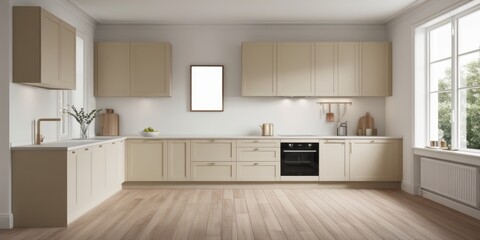 Fototapeta premium Modern minimalist kitchen, light wood cabinets, white subway tile backsplash, stainless steel appliances, large windows, natural light, neutral color palette, sleek design, open concept, clean lines, 