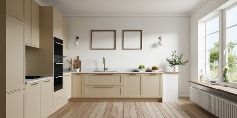 Fototapeta premium Modern minimalist kitchen, light wood cabinets, white subway tile backsplash, stainless steel appliances, large windows, natural light, neutral color palette, sleek design, open concept, clean lines, 