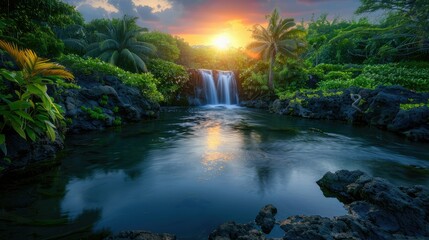 Obraz premium Tranquil waterfall amidst lush greenery at sunset landscape
