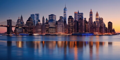 Obraz premium New York City skyline, Manhattan, iconic skyscrapers, Freedom Tower, sunset, golden hour, East River, city lights, reflections on water, urban landscape, panoramic view, cityscape, dusk, illuminated b