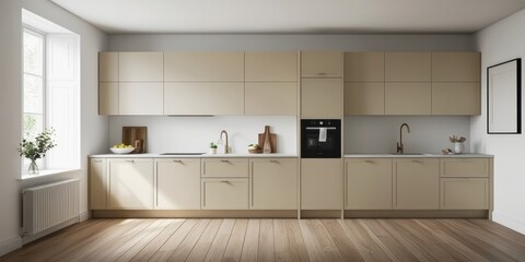 Modern minimalist kitchen, light wood cabinets, white subway tile backsplash, stainless steel appliances, large windows, natural light, neutral color palette, sleek design, open concept, clean lines, 