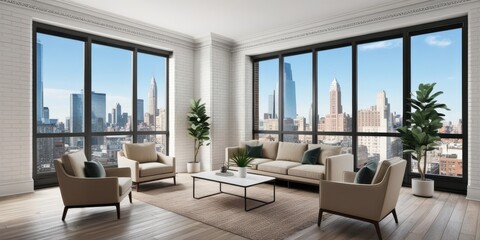 Fototapeta premium Modern loft apartment, floor-to-ceiling windows, panoramic city skyline view, minimalist interior design, white brick walls, hardwood floors, contemporary furniture, potted plants, natural light, open