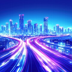 Fototapeta premium Vibrant Cityscape at Night with Illuminated Roads and Skyscrapers in Motion