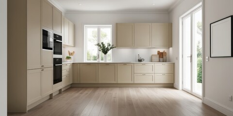 Fototapeta premium Modern minimalist kitchen, light wood cabinets, white subway tile backsplash, stainless steel appliances, large windows, natural light, neutral color palette, sleek design, open concept, clean lines, 