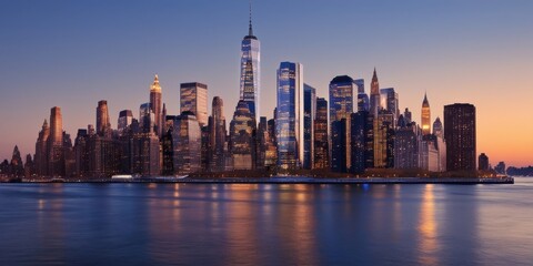 Fototapeta premium New York City skyline, Manhattan, iconic skyscrapers, Freedom Tower, sunset, golden hour, East River, city lights, reflections on water, urban landscape, panoramic view, cityscape, dusk, illuminated b
