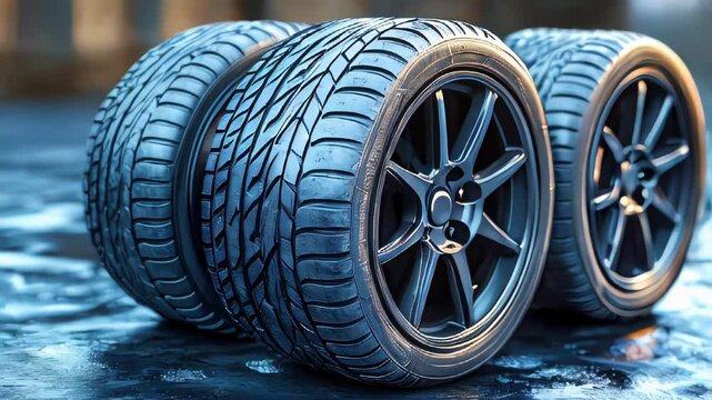 black car tires with intricate treads arranged on wet pavement