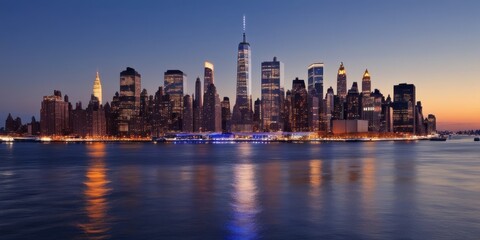 Obraz premium New York City skyline, Manhattan, iconic skyscrapers, Freedom Tower, sunset, golden hour, East River, city lights, reflections on water, urban landscape, panoramic view, cityscape, dusk, illuminated b