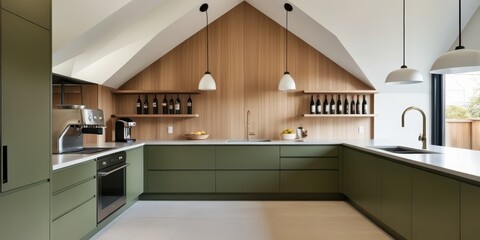 Modern kitchen design, green cabinetry, wooden accent wall, minimalist aesthetic, open shelving, integrated appliances, large window, natural light, sleek countertops, contemporary lighting, muted col