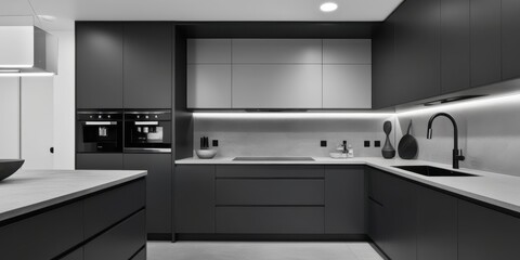 Modern minimalist kitchen, black cabinetry, white countertops, sleek appliances, large window, natural light, open concept, monochromatic design, architectural lighting, high-end finishes, clean lines
