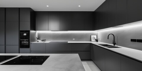 Modern minimalist kitchen, black cabinetry, white countertops, sleek appliances, large window, natural light, open concept, monochromatic design, architectural lighting, high-end finishes, clean lines