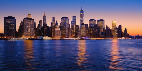 Obraz premium New York City skyline, Manhattan, iconic skyscrapers, Freedom Tower, sunset, golden hour, East River, city lights, reflections on water, urban landscape, panoramic view, cityscape, dusk, illuminated b