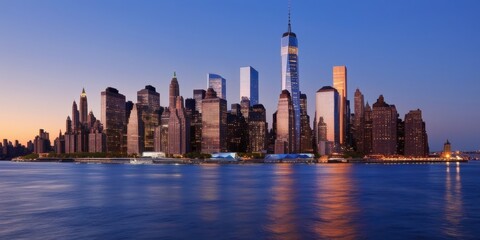 Fototapeta premium New York City skyline, Manhattan, iconic skyscrapers, Freedom Tower, sunset, golden hour, East River, city lights, reflections on water, urban landscape, panoramic view, cityscape, dusk, illuminated b
