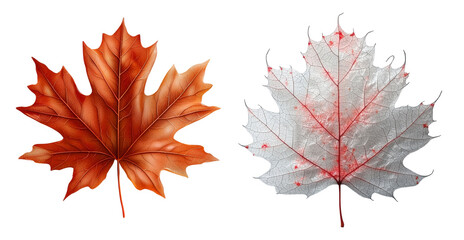 Autumn maple leaves contrast, vibrant orange, frosty white, intricate veins, seasonal transition, natural beauty. Isolated on white background or PNG