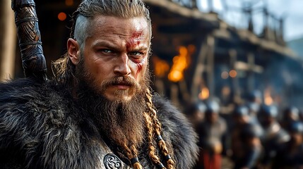 Viking warrior portrait, fierce expression, historical setting, dramatic lighting.