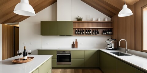 Fototapeta premium Modern kitchen design, green cabinetry, wooden accent wall, minimalist aesthetic, open shelving, integrated appliances, large window, natural light, sleek countertops, contemporary lighting, muted col