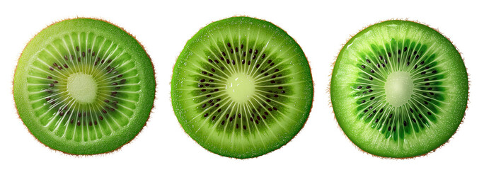 Fototapeta premium Three kiwi slices, vibrant green, symmetrical arrangement, juicy texture, intricate seeds, fresh and ripe. Isolated on white background or PNG