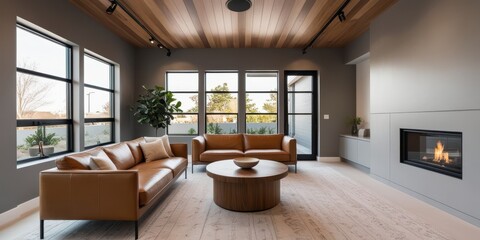 Modern minimalist living room, large windows with mountain view, leather sectional sofa, wood ceiling beams, gray walls, sleek fireplace, round coffee table, mid-century modern armchair, natural light