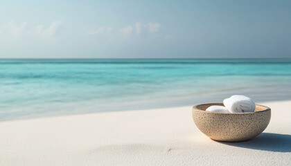 Obraz premium Relaxing scene with a bowl of rolled towels on a serene beach, gentle waves and clear blue skies enhancing tranquility.