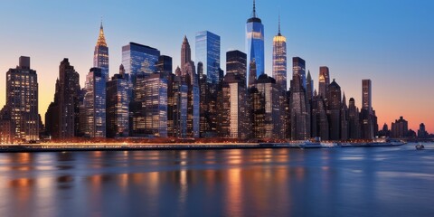 Obraz premium New York City skyline, Manhattan, iconic skyscrapers, Freedom Tower, sunset, golden hour, East River, city lights, reflections on water, urban landscape, panoramic view, cityscape, dusk, illuminated b