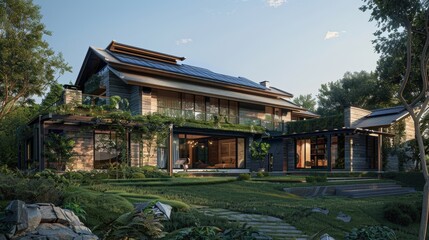 Obraz premium Autonomous House with Solar Roof and Smart Home Technology in Modern-Classic Design