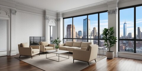 Modern loft apartment, floor-to-ceiling windows, panoramic city skyline view, minimalist interior design, white brick walls, hardwood floors, contemporary furniture, potted plants, natural light, open