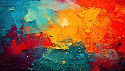 Dynamic arrangement of thick paint strokes in vibrant hues of orange, red, turquoise, and yellow creates an engaging abstract composition.