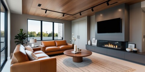 Modern minimalist living room, large windows with mountain view, leather sectional sofa, wood ceiling beams, gray walls, sleek fireplace, round coffee table, mid-century modern armchair, natural light