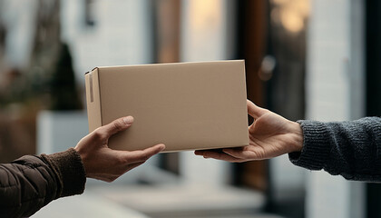 Two hands exchanging a packaged delivery in an outdoor setting, emphasizing service and connection.