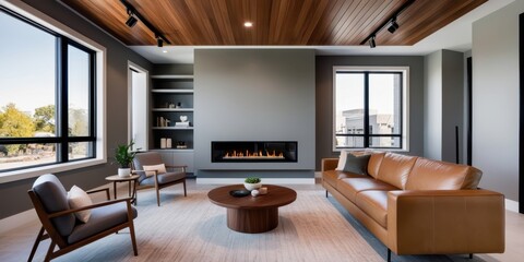 Modern minimalist living room, large windows with mountain view, leather sectional sofa, wood ceiling beams, gray walls, sleek fireplace, round coffee table, mid-century modern armchair, natural light