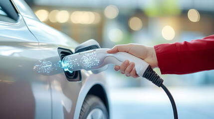 
Hand holding electric car charging with electric car blur background