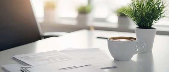 A cozy workspace featuring a coffee cup, office papers, and a potted plant, creating a refreshing and productive atmosphere.