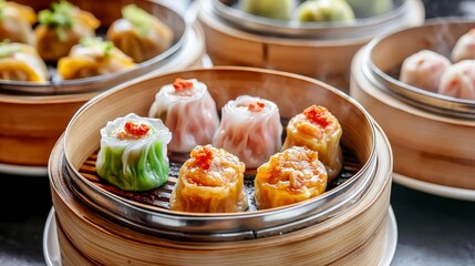 A delicious assortment of dim sum served in bamboo steamers, showcasing a variety of colorful and unique dumplings.