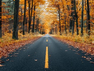 Fototapeta premium A serene road surrounded by vibrant autumn trees and fallen leaves, inviting peaceful exploration.