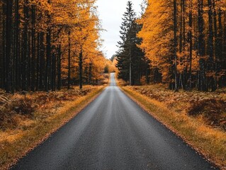 Fototapeta premium A serene road surrounded by vibrant autumn trees, leading into a peaceful forest landscape.