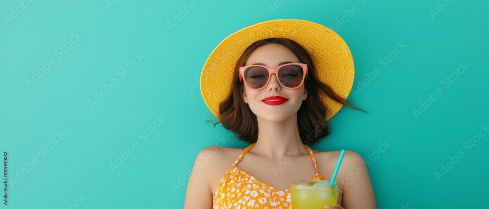 Wall mural a young woman enjoying a refreshing drink in a sunny setting, wearing a bright yellow hat and stylis