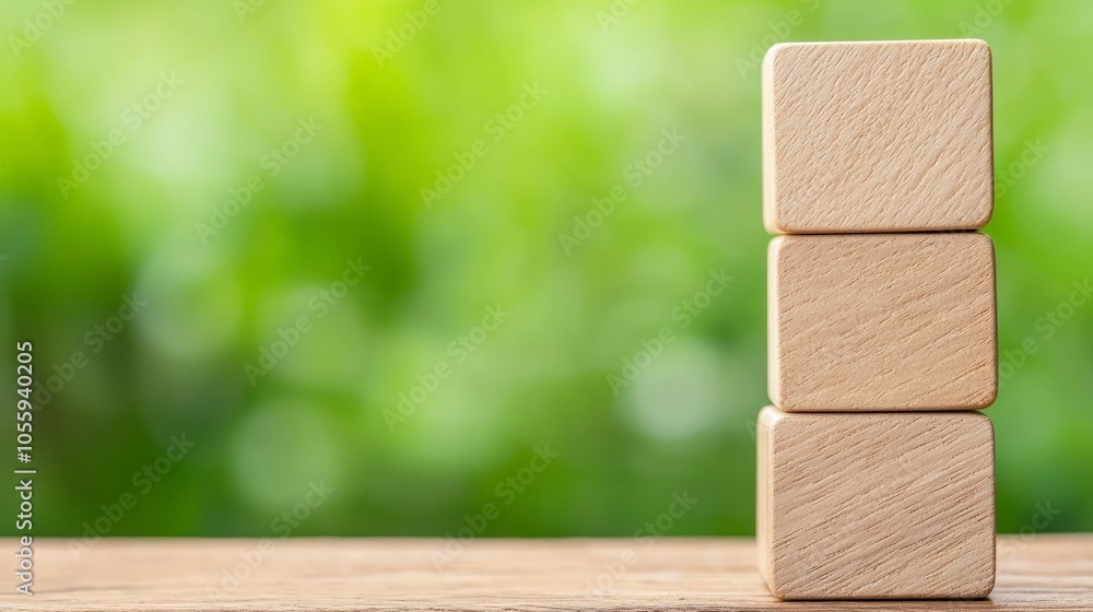 Poster three wooden blocks stacked neatly symbolizing balance and simplicity in nature's tranquil setting