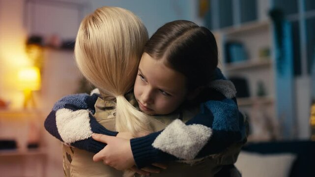 Sad little girl hugging soldier mother leaving for the military, family love