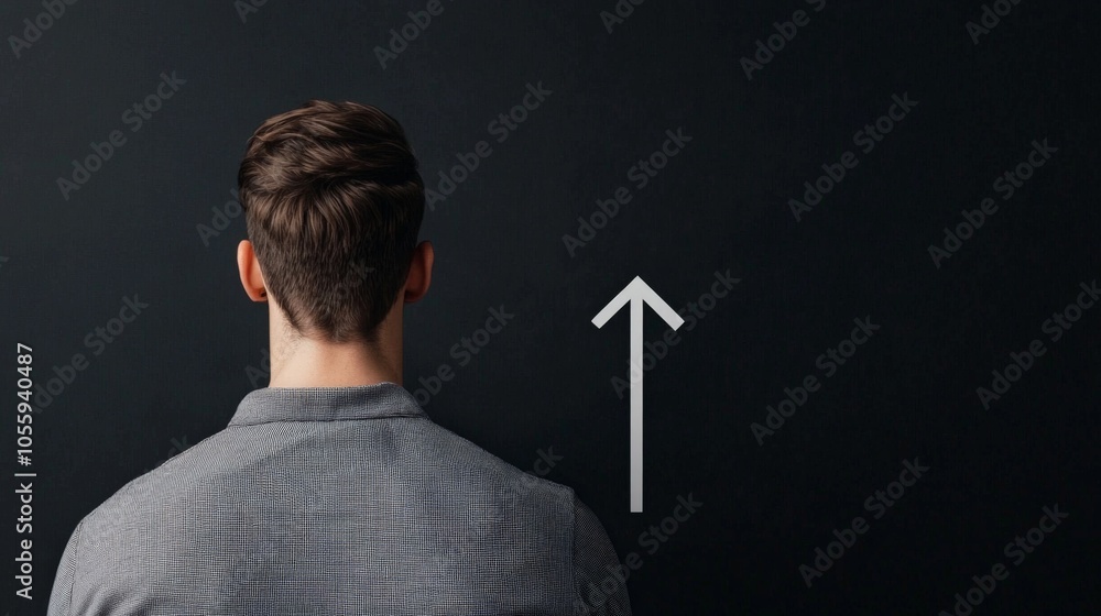 Poster exploring self-reflection and growth a person standing against a dark wall with an arrow signifying 