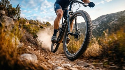 Mountain biker speeding down a rocky path with blurred background