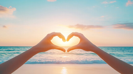
Diversity concept, two multiethnic multiracial people hands making heart shape on sand beach at sea or ocean sunset.