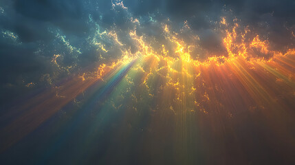 Ethereal rays of sunlight breaking through colorful clouds